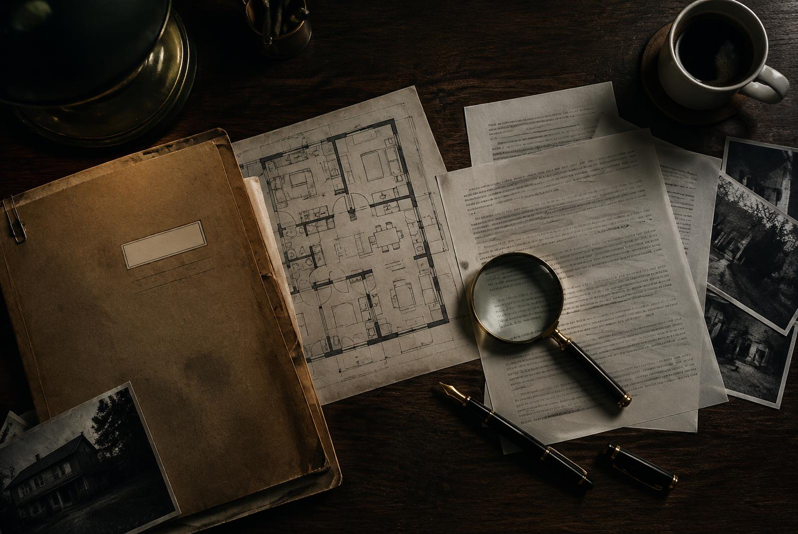 Dossier, plattegrond, verklaringen en een vergrootglas op een bureau